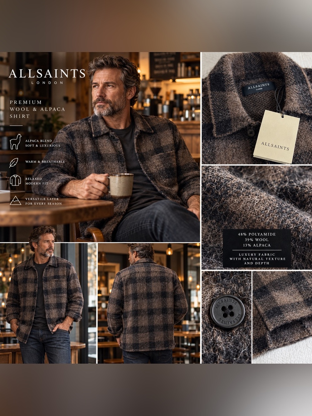 AllSaints Ash Cardigan Men's Plaid Wool Alpaca Shirt Jacket Large